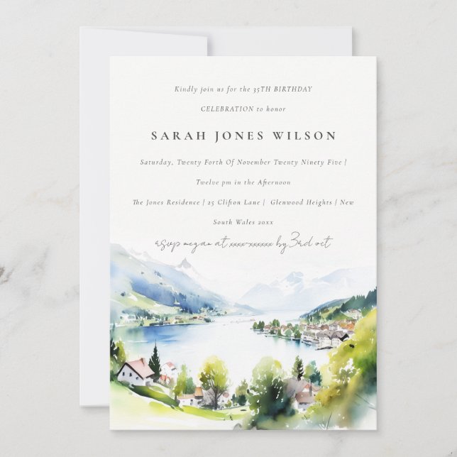 Invitación Lungern Switzerland Landscape Watercolor Birthday (Anverso)