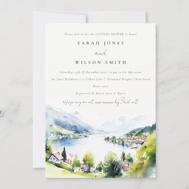 Invitación Lungern Switzerland Watercolor Couples Shower (Anverso)