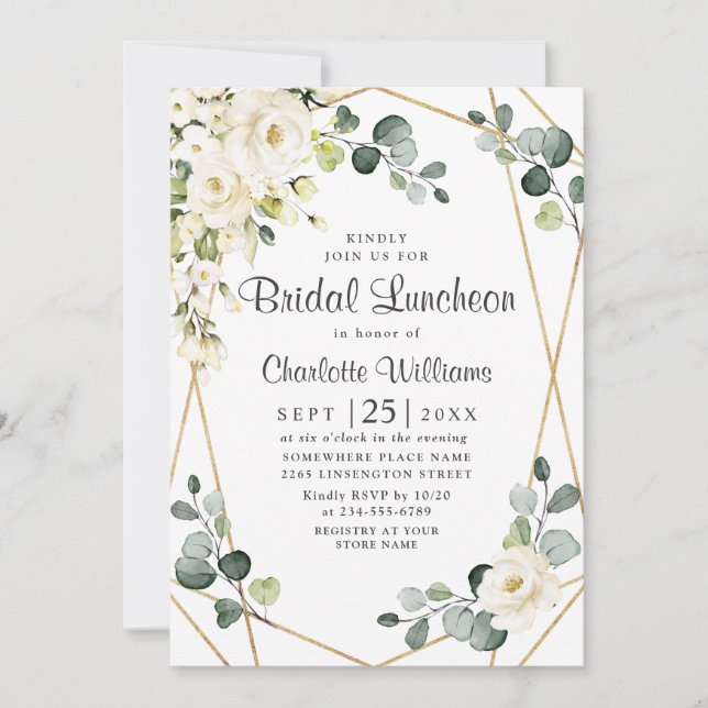 Invitación Lunqueta de Novias de Eucalipto de Rosa Blanca (Anverso)