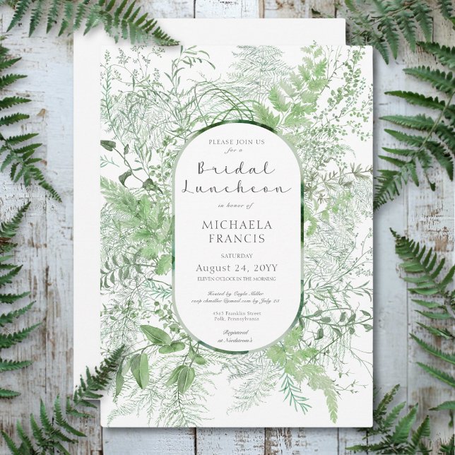 Invitación Lunquete de Novias Blancas Rústico Fern Green Foli (Rustic Fern Green Foliage White Bridal Luncheon Invitation)