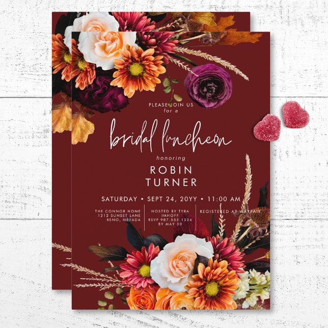 Invitación Lunquete de Novias de Rust Floral de Boho Russet O (Dark Russet Boho Floral Rust Bridal Luncheon Invitation)