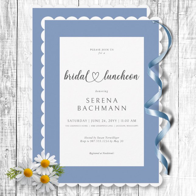 Invitación Lunquete romántico moderno azul y blanco (Modern Romantic Blue & White Bridal Luncheon Invitation)