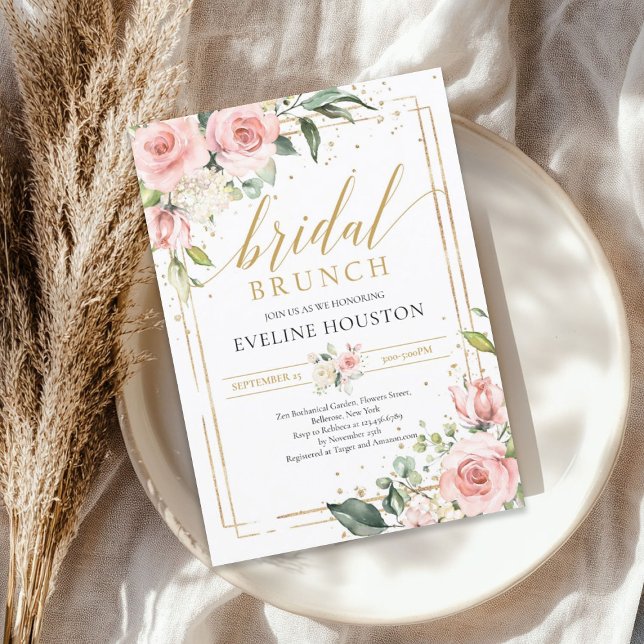 Invitación Lush blush rosa floral marco dorado brundal (Lush blush pink floral gold frame bridal brunch invitation)