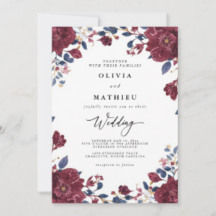 Invitación Lush Burgundy & Navy Floral Boda Botánico