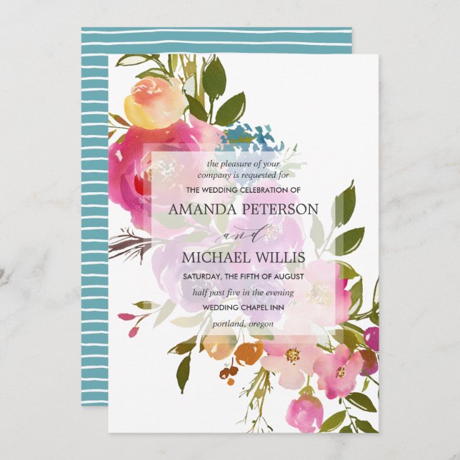 Invitación Lush de primavera | Moderno boda de flores rosadas (Anverso / Reverso)