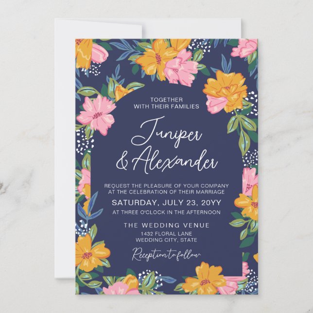 Invitación Lush Pink Yellow Flowers Dark Blue Wedding (Anverso)