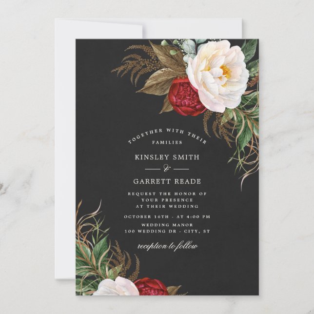 Invitación Lush Red Watercolor Peonies Floral Black Boda (Anverso)