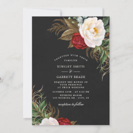 Invitación Lush Red Watercolor Peonies Floral Black Boda