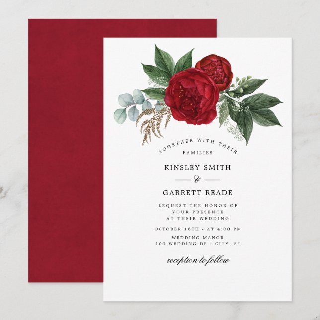 Invitación Lush Red Watercolor Peonies White Boda (Anverso / Reverso)