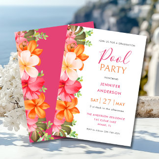 Invitación Lush Tropical Floral Graduation Pool Party