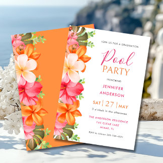 Invitación Lush Tropical Floral Graduation Pool Party Pink