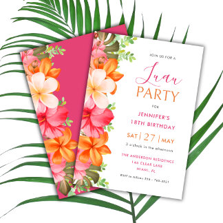 Invitación Lush Tropical Floral Luau Birthday Pink