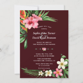 Invitación Lush Tropical Garden Flowers Deep Burgundy Wedding