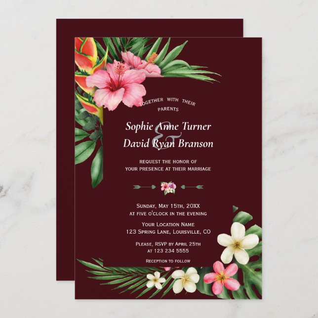 Invitación Lush Tropical Garden Flowers Deep Burgundy Wedding (Anverso / Reverso)