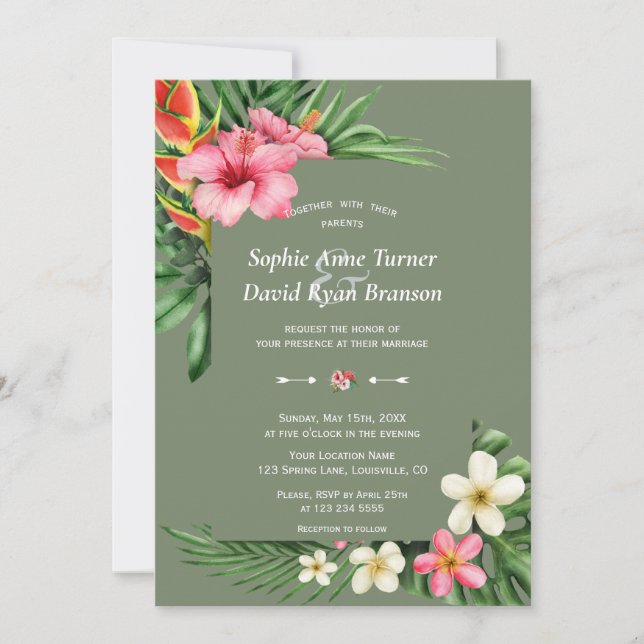 Invitación Lush Tropical Garden Flowers Sage Green Wedding (Anverso)