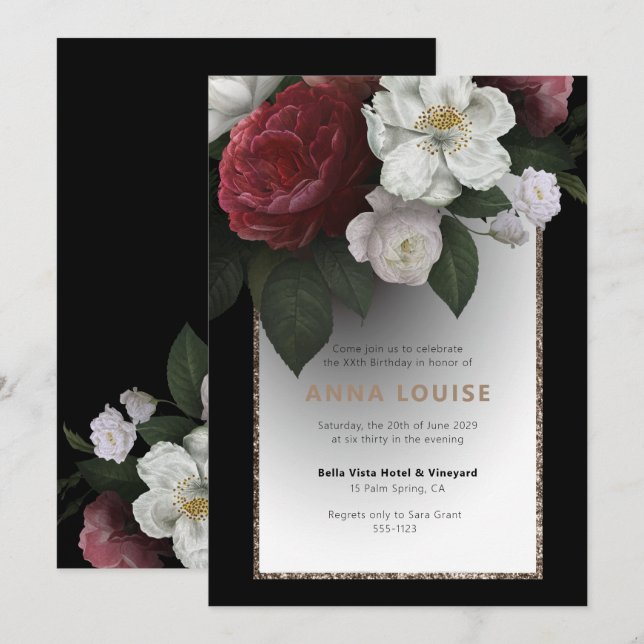 Invitación Lux Black Gold Red Pink White Floral Cumpleaños (Anverso / Reverso)