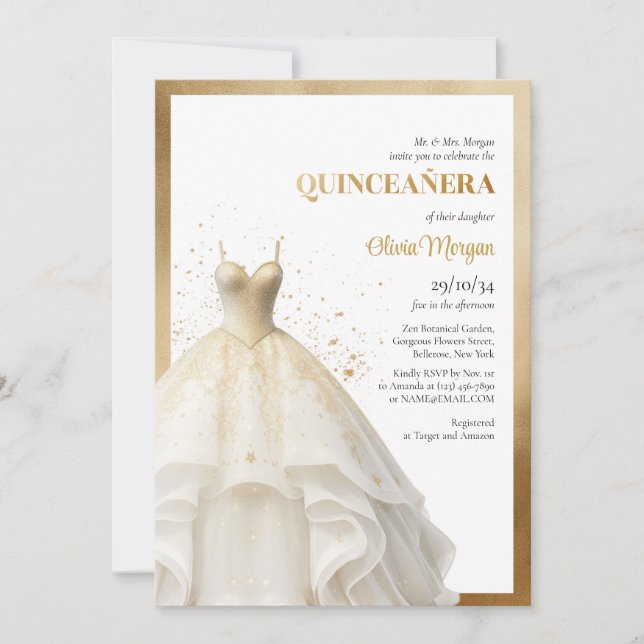 Invitación Lux elegante vestido de pelota de oro glamour Quin (Anverso)