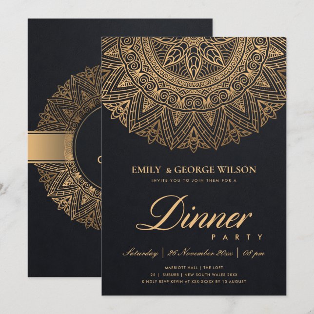 INVITACIÓN LUX ORNADO CLÁSICO DE ORO NEGRO MANDALA FIESTA DE  (Anverso / Reverso)