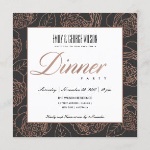 INVITACIÓN LUX RUBOR ROSA ORO NEGRO FLORAL FIESTA DE CENA
