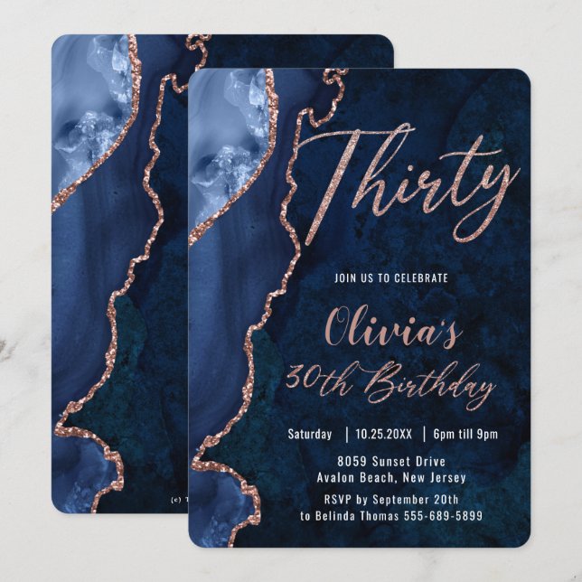 Invitación Luxe Agate Sapphire Blue Rosa Gold 30 cumpleaños (Anverso / Reverso)