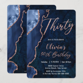Invitación Luxe Agate Sapphire Blue Rosa Gold 30 cumpleaños