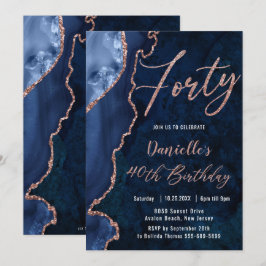 Invitación Luxe Agate Sapphire Blue Rosa Gold 40 cumpleaños 