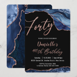 Invitación Luxe Agate Sapphire Blue Rosa Gold 40 cumpleaños 