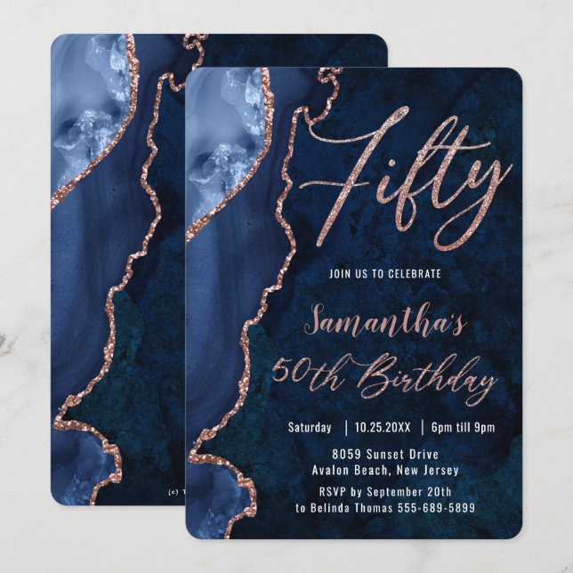 Invitación Luxe Agate Sapphire Blue Rosa Gold 50 cumpleaños  (Anverso / Reverso)