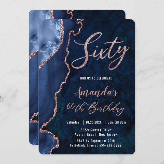 Invitación Luxe Agate Sapphire Blue Rosa Gold 60 cumpleaños   (Anverso / Reverso)