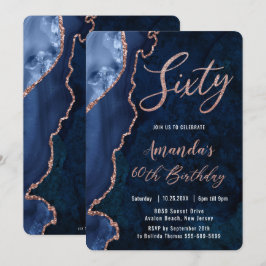 Invitación Luxe Agate Sapphire Blue Rosa Gold 60 cumpleaños  