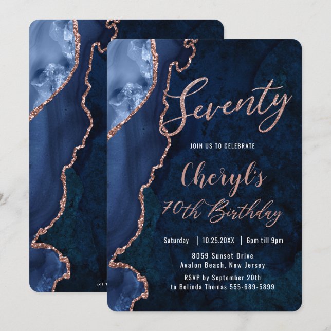Invitación Luxe Agate Sapphire Blue Rosa Gold 70 cumpleaños  (Anverso / Reverso)