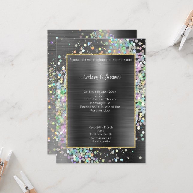 INVITACIÓN LUXE BODA DE PASTEL METÁLICO HOLOGRÁFICO NEGRO (Anverso/Reverso In Situ)