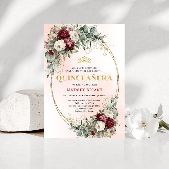 Invitación Luxe Bohemian Burgundy Peonies Quinceañera Invites (Luxe Bohemian Burgundy Peonies Quinceañera Invitations)