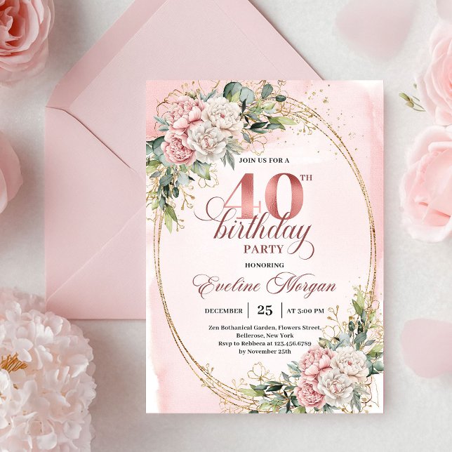 Invitación Luxe Bohemian Pastel Pink Floral 40th Birthday  (Luxe Bohemian Pastel Pink Floral 40th Birthday Invitation)
