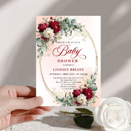 Invitación Luxe Boho Maroon Floral Gold Baby Shower Invitatio