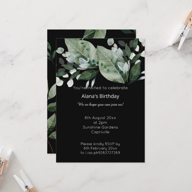 INVITACIÓN LUXE BOTANICAL BLACK SAGE BIRTHDAY (Anverso/Reverso In Situ)