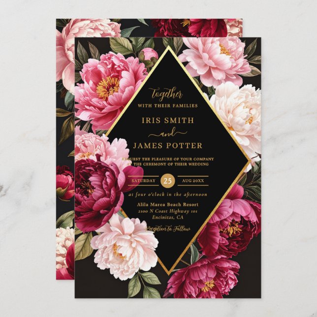 Invitación Luxe Burgundy and Blush Pink Peony Floral Wedding (Anverso / Reverso)