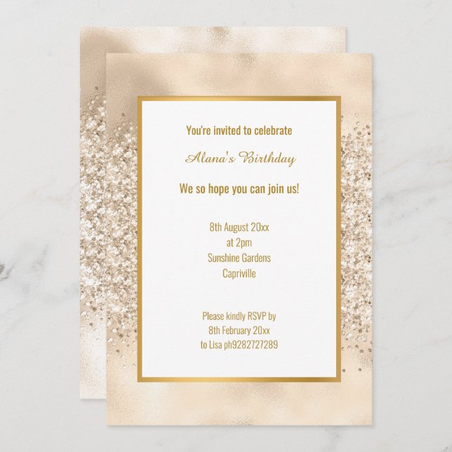 INVITACIÓN LUXE CHAMPAGNE PURPURINA CUMPLEAÑOS (Anverso / Reverso)
