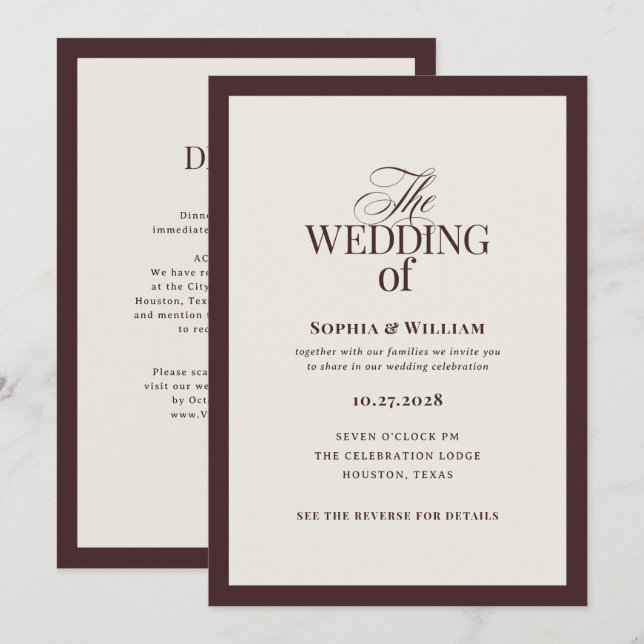 Invitación Luxe Dark Red and Cream with RSVP QR Code Wedding (Anverso / Reverso)