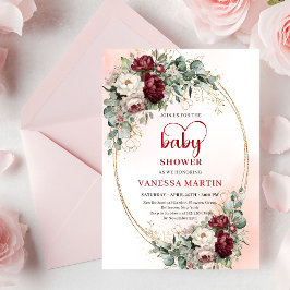 Invitación Luxe Deep Red Floral Heart-Shaped Font Baby Shower
