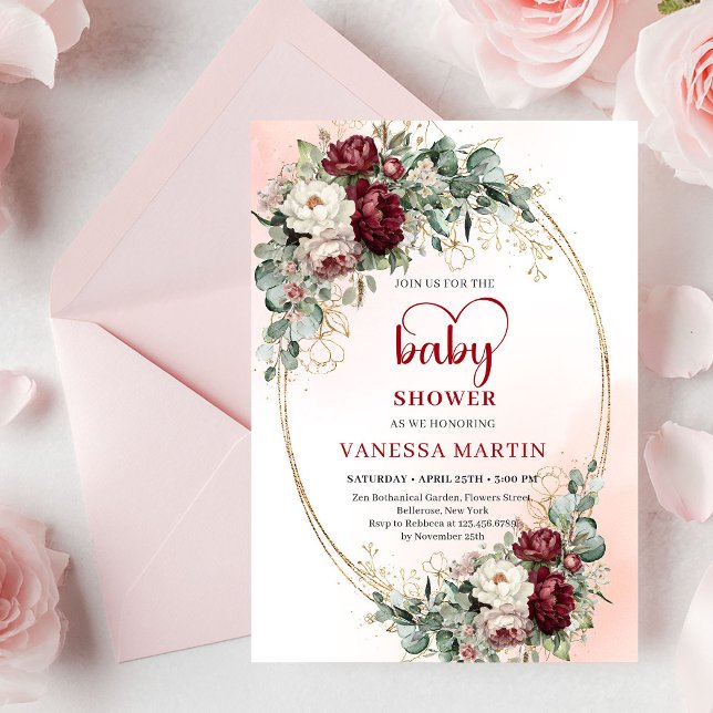 Invitación Luxe Deep Red Floral Heart-Shaped Font Baby Shower (Luxe Deep Red Floral Heart-Shaped Font Baby Shower Invitation)