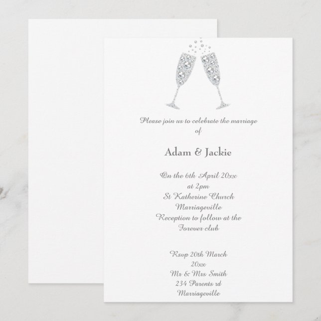 Invitación Luxe Diamond Champagne Glass White ELEGANT WEDDING (Anverso / Reverso)