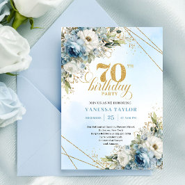 Invitación Luxe dusty blue florals gold frame 70th birthday
