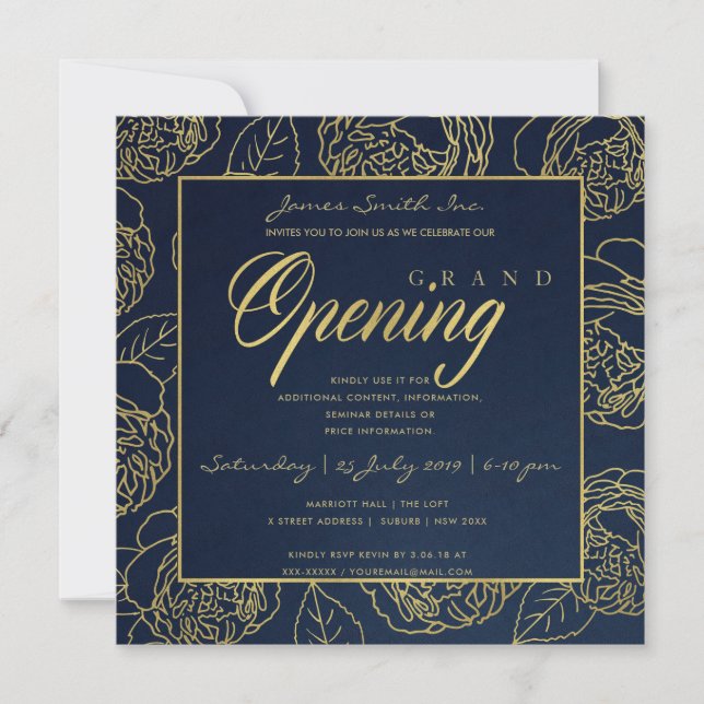 INVITACIÓN LUXE GOLD AZUL ROSA FLORAL GRAN APERTURA CEREMONIA (Anverso)
