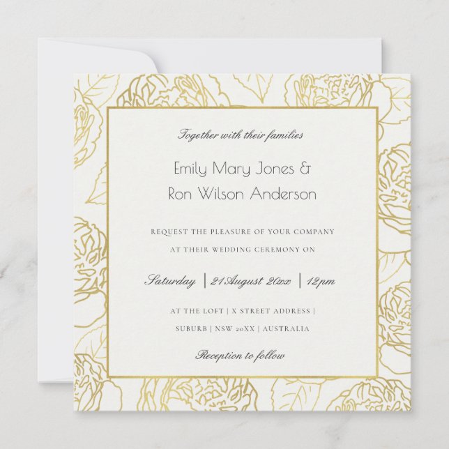 INVITACIÓN LUXE GOLD BLANCO KRAFT ELEGANTE ROSA BODA FLORAL (Anverso)