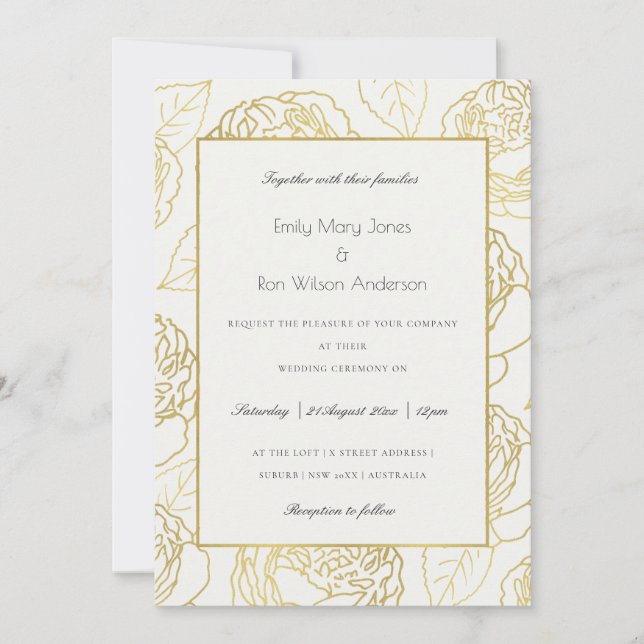 INVITACIÓN LUXE GOLD BLANCO NAVY ELEGANTE ROSA BODA FLORAL (Anverso)