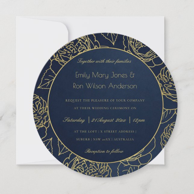 INVITACIÓN LUXE GOLD NAVY KRAFT ELEGANTE ROSA BODA FLORAL (Anverso)