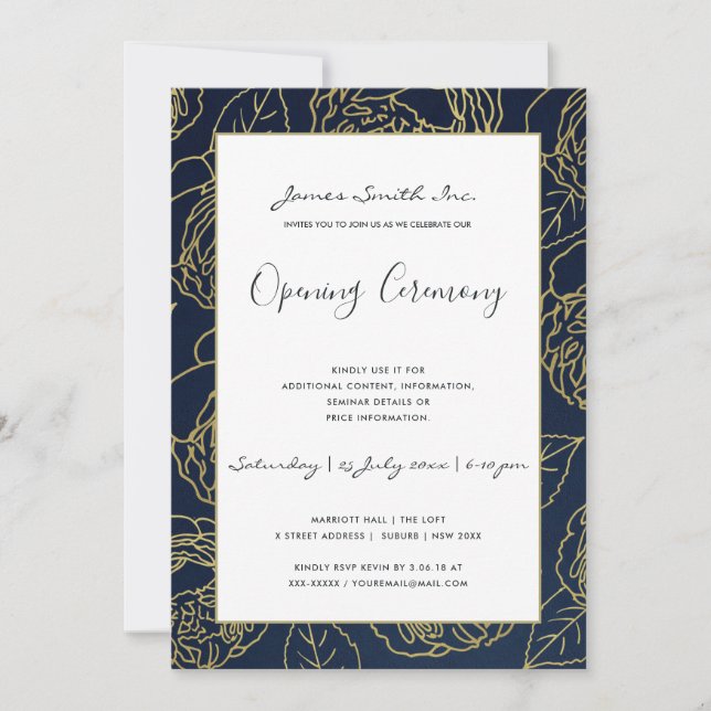 INVITACIÓN LUXE GOLD NAVY ROSE CEREMONIA DE GRAN APERTURA FLO (Anverso)
