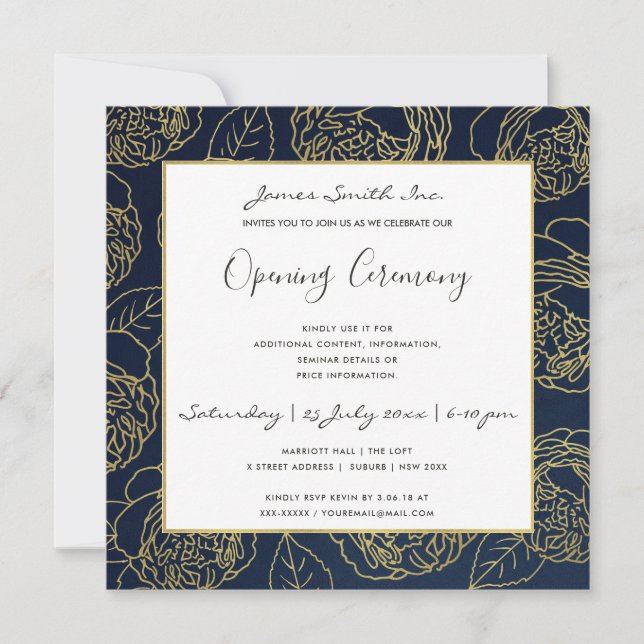 INVITACIÓN LUXE GOLD NAVY ROSE FLORAL GRAN APERTURA CEREMONIA (Anverso)