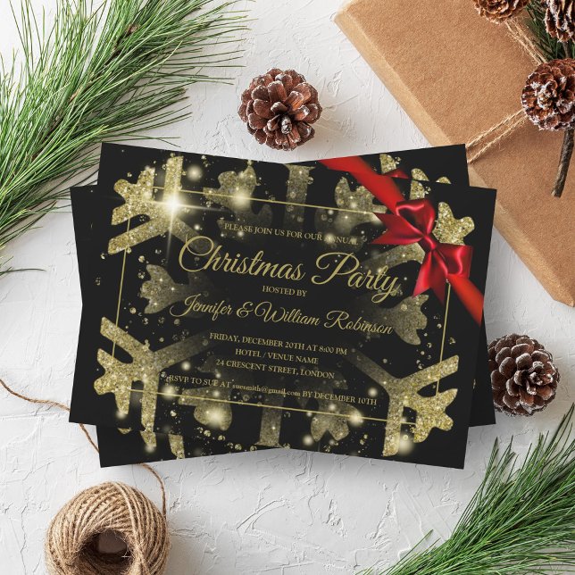 Invitación Luxe Gold Purpurina Xmas Holiday Red Ribbon Negro (Luxe Gold Glitter Xmas Holiday Red Ribbon Black Invitation)